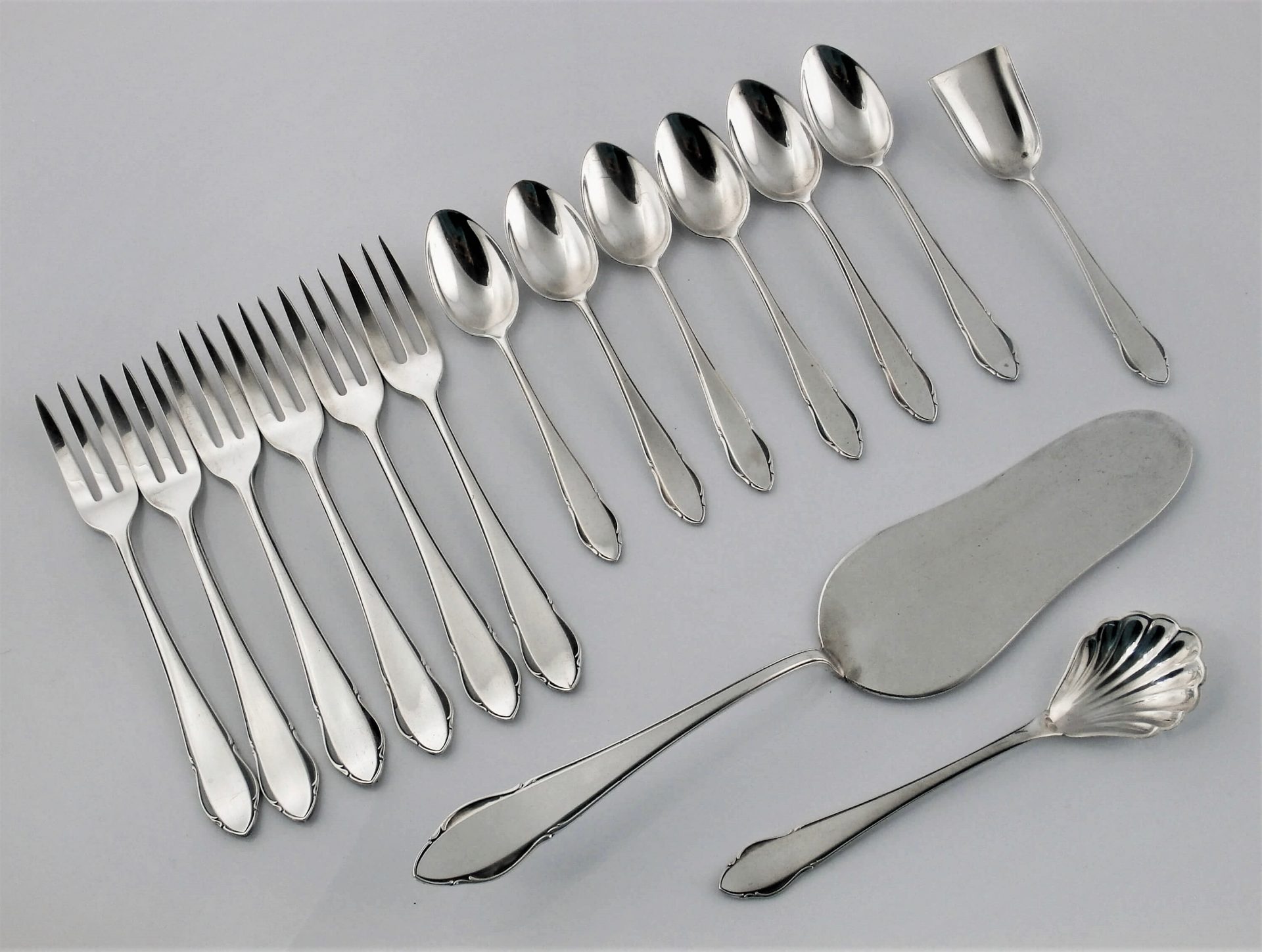 stare sztućce posrebrzane - zestaw deserowy dla 6 osóbych dla 6 osób widelczyki do ciasta, łyżeczki do herbaty, łopatka do tortu, łyżeczki do cukru