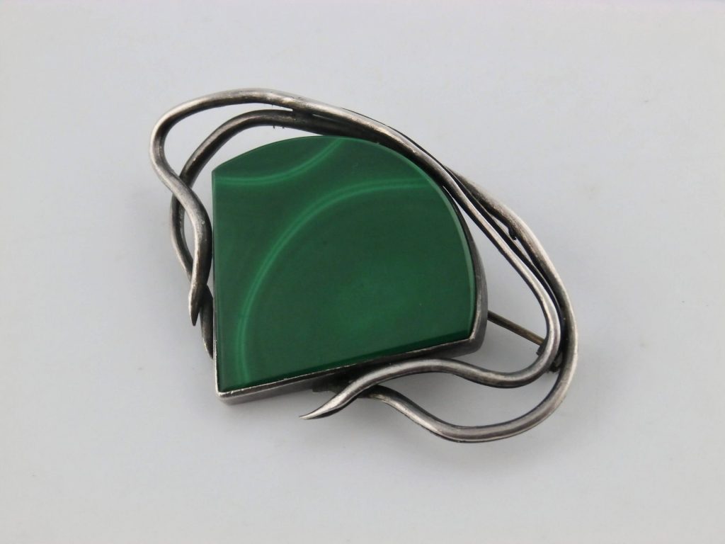 broszka srebrna z malachitem